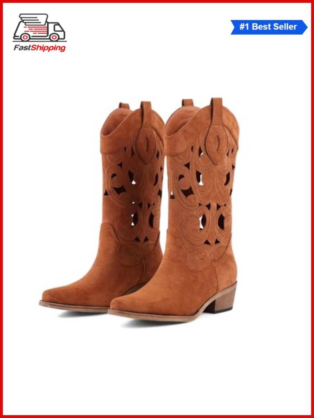 ✨ Cowgirl Boots Floral Openwork Pointed Toe Chunky Heel Mid Calf Western Boots